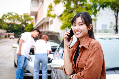 Asian teenage woman driving a car accident on the road holding smartphone contact insurance company for help. Transportation concept.の写真素材