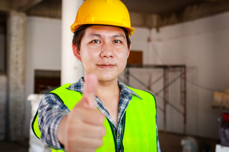 Portrait of a construction worker wearing a yellow hard hat giving thumbs up on a construction site....