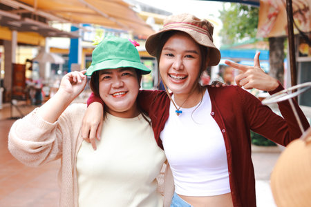 Two Asian tourist women hugging each other while shopping at a store. They smile happily. travel conceptの写真素材
