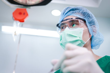 Doctor holds scalpel in emergency operating room to help patient. Surgery. Medical services in hospitals.の写真素材