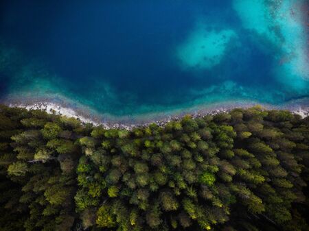 Aerial view of the colours of Lake Eibsee in Bavaria, Germany