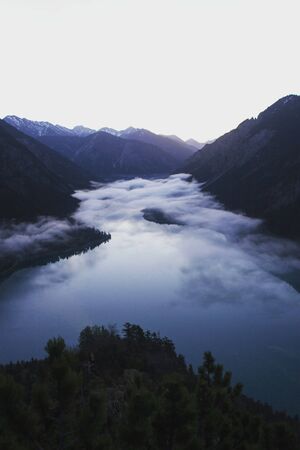 Aerial view of Lake Plansee in Tyrol Austriaの写真素材