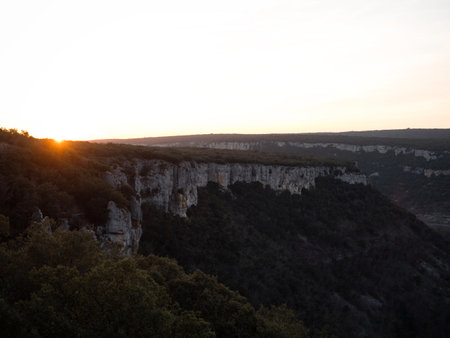 Aerial sunset panorama of canyon Canion Canon del Ebro river valley between Valdelateja and...
