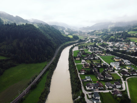 Panoramic view of market town village Werfen at Festung Hohenwerfen medieval rock Castle Salzach valley Salzburg Austriaの写真素材