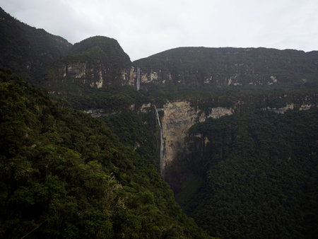 Panoramic view of Catarata del Gocta waterfall cataract cascade in Bongara Amazonas near Chachapoyas in Peru andesの写真素材