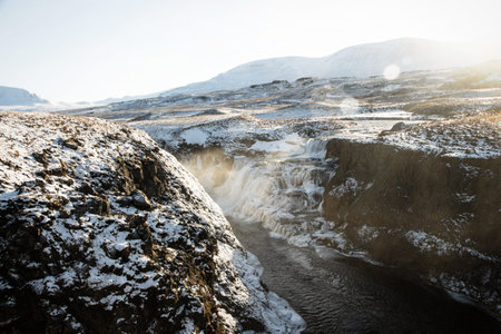 Panoramic view of Reykjafoss Fosslaug waterfall cascade Varmahlid Svarta river in Nordurland Iceland Europe winterの写真素材