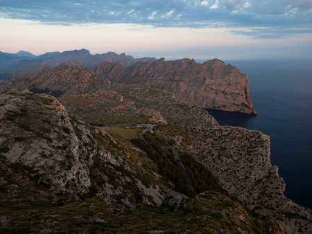 Panorama rock cliff mediterranean sea landscape Mirador Es Colomer viewpoint Port de Pollenca Balearic Mallorca Spainの写真素材
