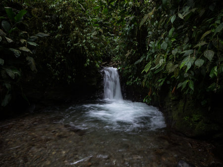 Panorama view of Cascada Ondinas waterfall in tropical rain cloud forest Mindo valley jungle Nambillo Ecuador andesの写真素材