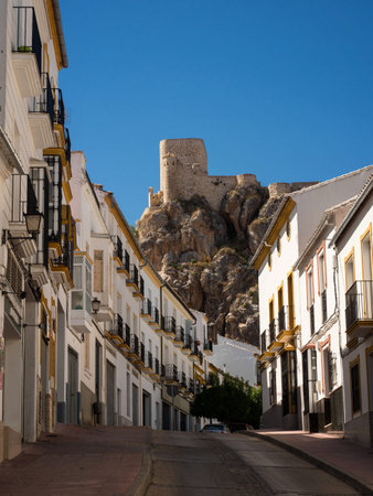 Panorama castle view of white walls building town village city Olvera in Sierra de Cadiz Andalusia Spain Europeの写真素材