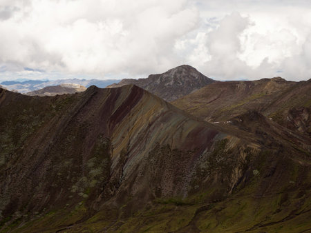 Panorama landscape view of Cordillera de Arcoiris colorful Palccoyo rainbow mountain Palcoyo Cuzco Peru South Americaの写真素材