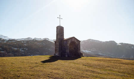 Chapel of the good shepherd Ermita de el Buen Pastor at Lago de Enol Ercina lakes of Covadonga Picos de Europa Spainの写真素材