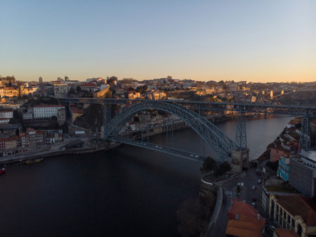 Sunrise panorama of historic old town of Porto Ribeira district Douro riverside bank waterfront in...