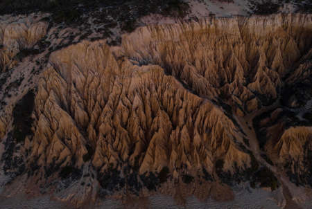 Aerial panorama view of Arriba Fossil da Praia da Gale Fontainhas beach hoodoo fairy chimney earth...