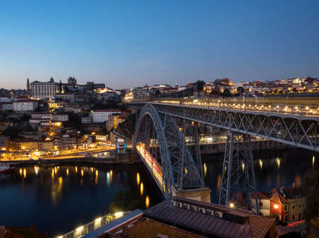 Sunset panorama of historic old town of Porto Ribeira district Douro riverside bank waterfront in Porto, Portugal Europeの写真素材