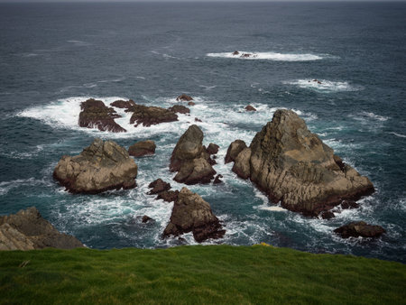 Panorama view of cape Punta de o Brual atlantic ocean sea cliff coast in San Xiao Vilarrube Valdovino A Coruna Galicia Spain Europeの写真素材