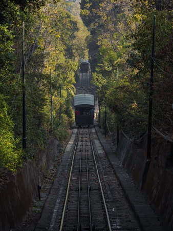 Panorama view of old historic Funicular tramway cable car passing through trees at Cerro San Cristobal hill in Santiago de Chile South Americaの写真素材