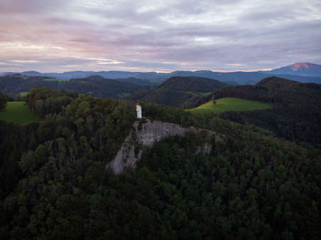 Aerial panorama view of white observation on cliff edge Urlingerwarte on Blassenstein mountain hill in Scheibbs Lower Austria alps Europeの写真素材