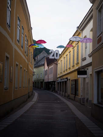 Panorama view of empty charming quaint narrow streets of Scheibbs village town with number twenty decoration in Lower Austria alps Europeの写真素材
