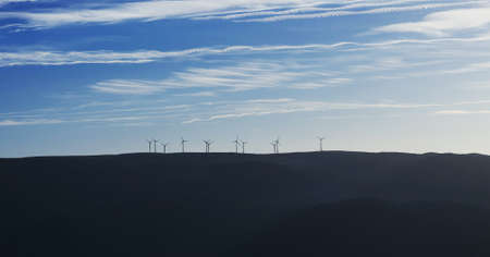 Sunrise panorama of wind turbines farm park on mountain hill top near Mondim de Basto Vila Real Norte Region Portugal Europeの写真素材