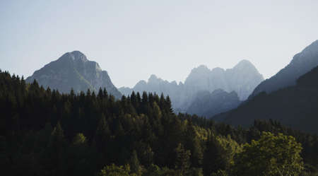Alpine panorama of Julian Alps Karawanks mountain landscape forest near Tarvisio Italy Austria Slovenia border in Europeの写真素材