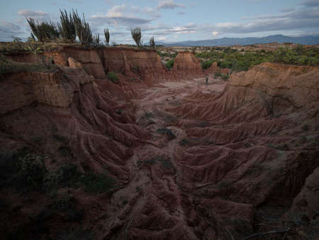 Panorama view of Tatacoa desert tropical dry forest red sand stone labyrinth in Villavieja Neiva...