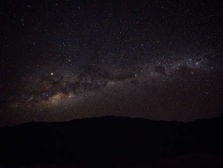 Milky way galaxy stars in dark night sky at Sauce Lagoon Tarapoto Amazon river jungle rainforest in...