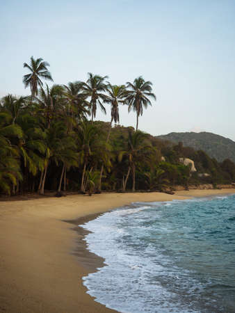 Aerial panorama view of Cabo San Juan del Guia in Tayrona National Park tropical Caribbean coast palm sand beach Colombia South Americaの写真素材