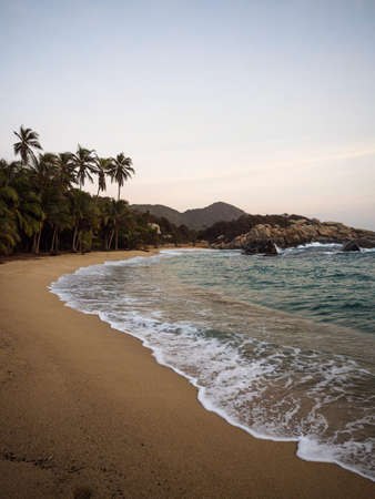 Aerial panorama view of Cabo San Juan del Guia in Tayrona National Park tropical Caribbean coast palm sand beach Colombia South Americaの写真素材