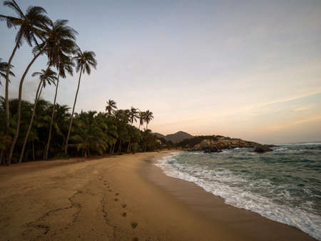 Aerial panorama view of Cabo San Juan del Guia in Tayrona National Park tropical Caribbean coast palm sand beach Colombia South Americaの写真素材