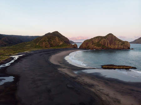 Aerial nature landscape sunset panorama at idyllic remote Whatipu beach Waitakere Ranges West Auckland, North Island New Zealandの写真素材