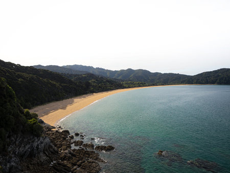 Elevated view of tropical pacific ocean beach surrounded by lush green nature in Abel Tasman National Park New Zealandの写真素材