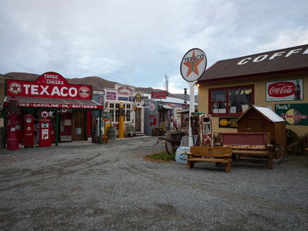 Burkes Pass, New Zealand - 2023: Old historic red roadside Texaco gas station fuel pump in Burkes...