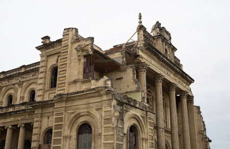 Closeup detail of the remains ruins of the Cathedral of the blessed Sacrament Christchurch Basilica damaged destroyed by 2011 Canterbury earthquake before demolition, South Island New Zealandの写真素材