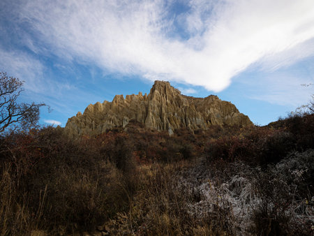 Panorama view of Omarama Clay Cliffs geological natural erosion silt and sand rock formation in Canterbury South Island New Zealandの写真素材