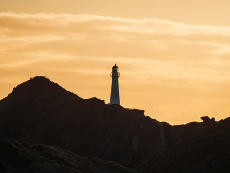 Elevated panorama view of seaside Castle Point Lighthouse on steep cliff hill towering over Tasman Sea Pacific Ocean during sunrise near Wellington, North Island New Zealandの写真素材
