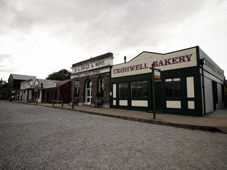Cromwell, New Zealand - 2024: Old historic antique buildings bakery facade street in Cromwell Heritage Precint in Central Otago South Island New Zealandのeditorial素材