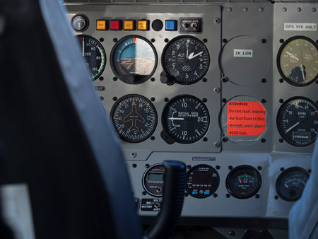 GA8 Airvan propeller aircraft cockpit control panel dashboard dsiplay with navigation control instruments engineering air transportation technologyの写真素材