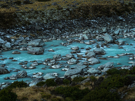 Alpine nature landscape panorama view of the Hooker Valley Track snow covered mountains, green...