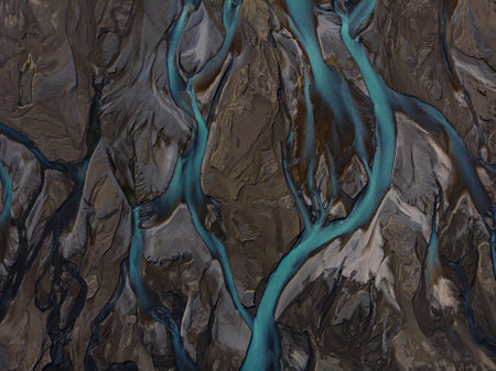 Aerial panorama view of braided river arms streams delta, glacial pristine clear azure blue turquoise Southern Alps mountain water entering Lake Pukaki, Canterbury South Island New Zealandの写真素材
