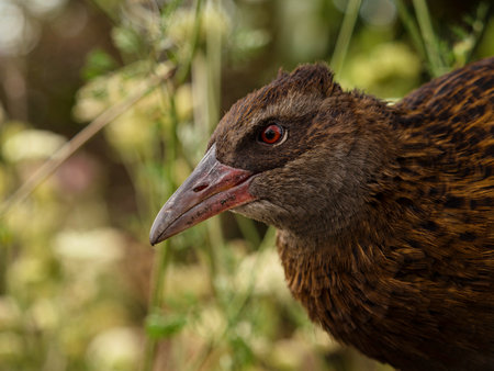 Closeup detailed headshot portrait of a Weka bird Maori hen woodhen rail Gallirallus australis flightless bird endemic to New Zealand with long beakの写真素材