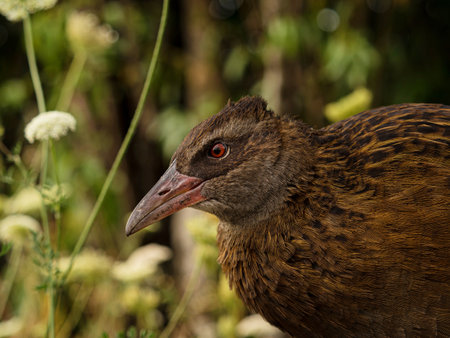Closeup detailed headshot portrait of a Weka bird Maori hen woodhen rail Gallirallus australis flightless bird endemic to New Zealand with long beakの写真素材