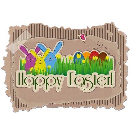 Sweet Easter Background on cardboard with rabbits, eggs, butterfly and yellow tulipsのイラスト素材