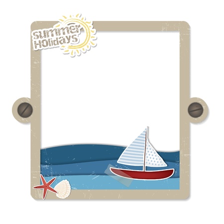 Beach scrapbooking label  A nice frame with scrapbook elements such as boat, sea, shell and starfish のイラスト素材