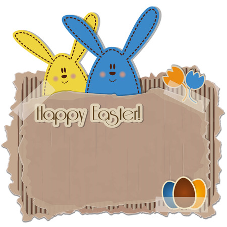 Easter Background - A cardboard with rabbits, eggs and tulips のイラスト素材