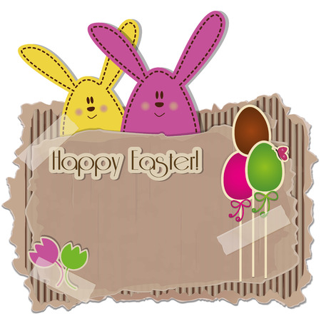 Easter Background - A cardboard with rabbits, eggs and tulips  のイラスト素材