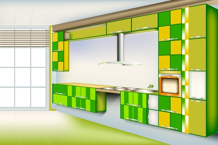 Vivid kitchen room...Green color with a square cut of colors. Provide unique and Privacy in the home.のイラスト素材