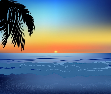 The sea and the beach at sunset. With the shadow of palm treesのイラスト素材