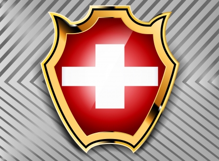 Flags of Switzerland inside glossy gold shield abstract backgroundのイラスト素材