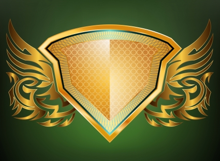 Gold shield pattern with wings on a green backgroundのイラスト素材