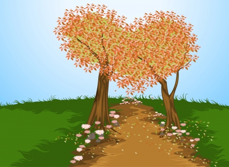 Autumn love with heart trees landscape nature backgroundのイラスト素材